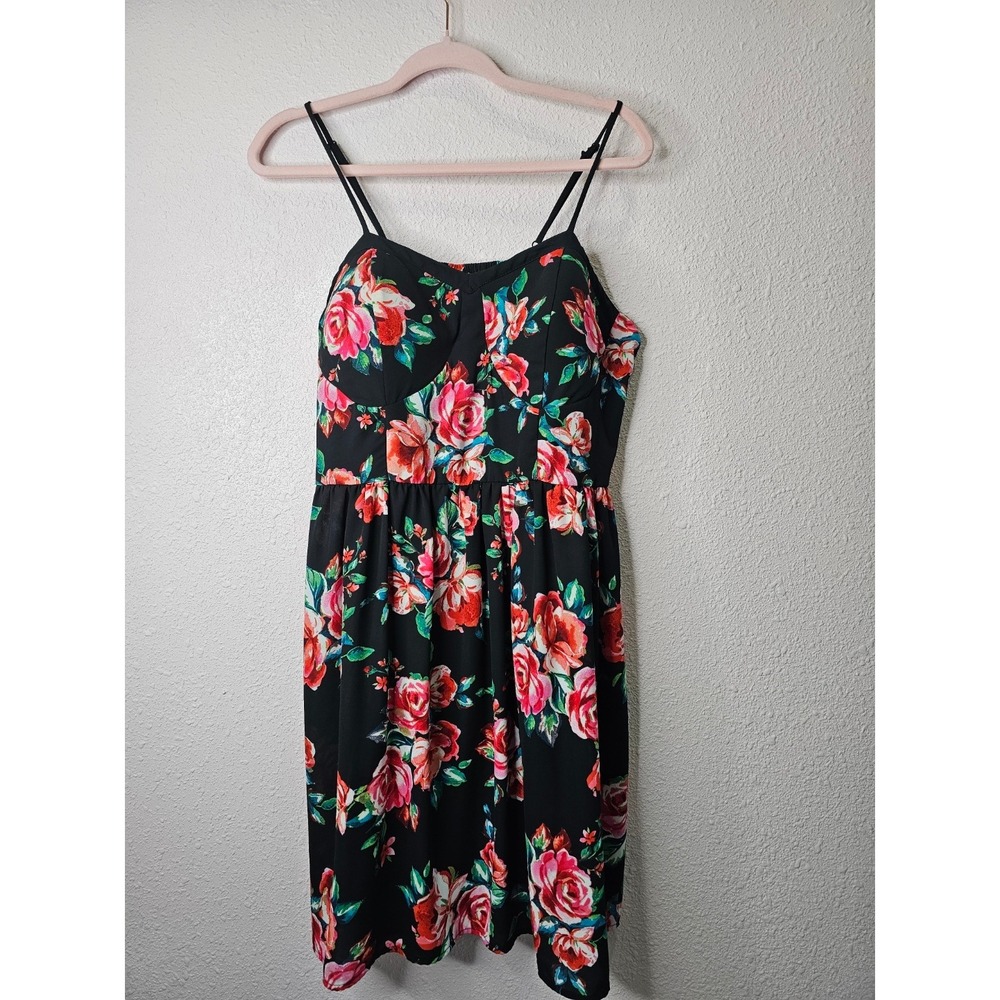 Babydoll Floral Sundress XXL Black‎ Pink Rose Print Smocked Back Mini Dress
